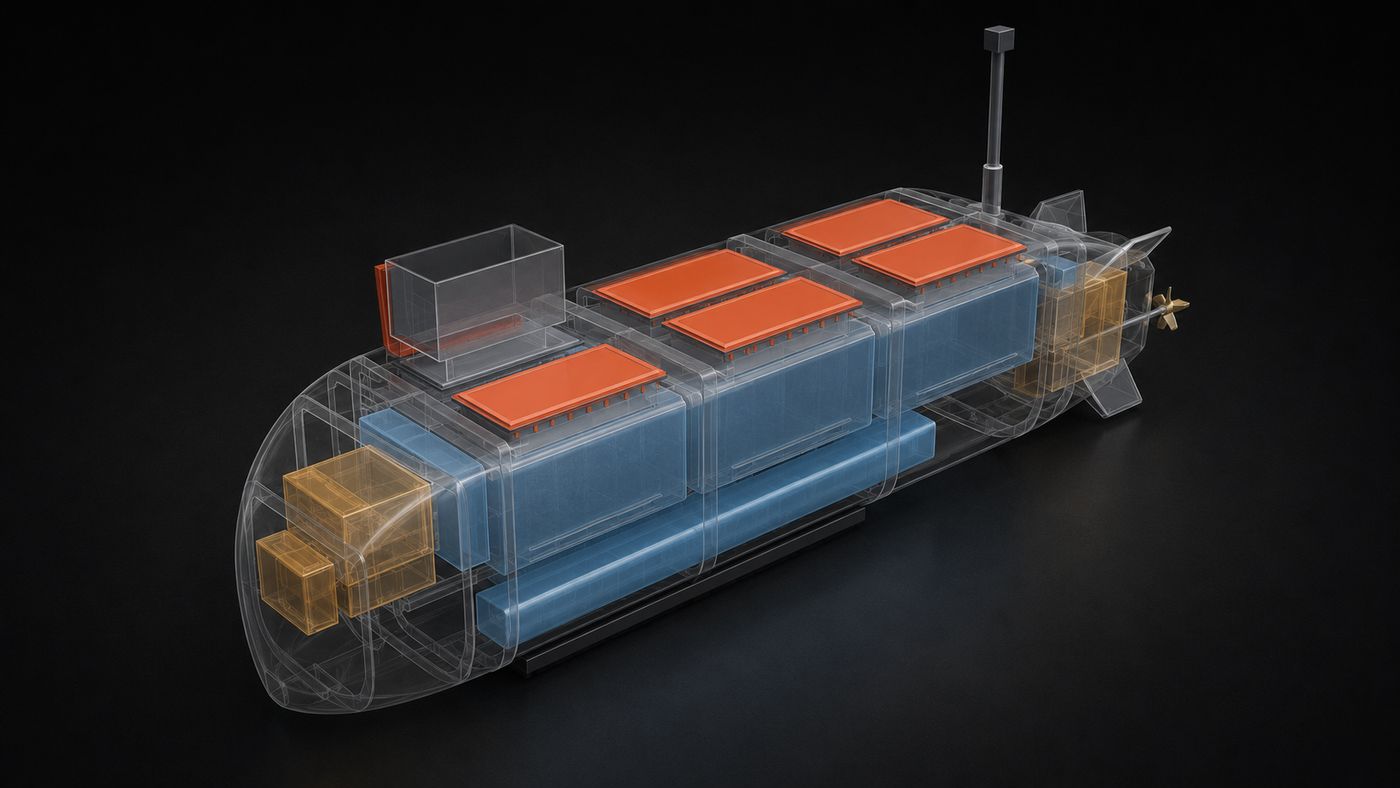 Ghosted isometric — compartments, trunks and tankage inside the envelope
