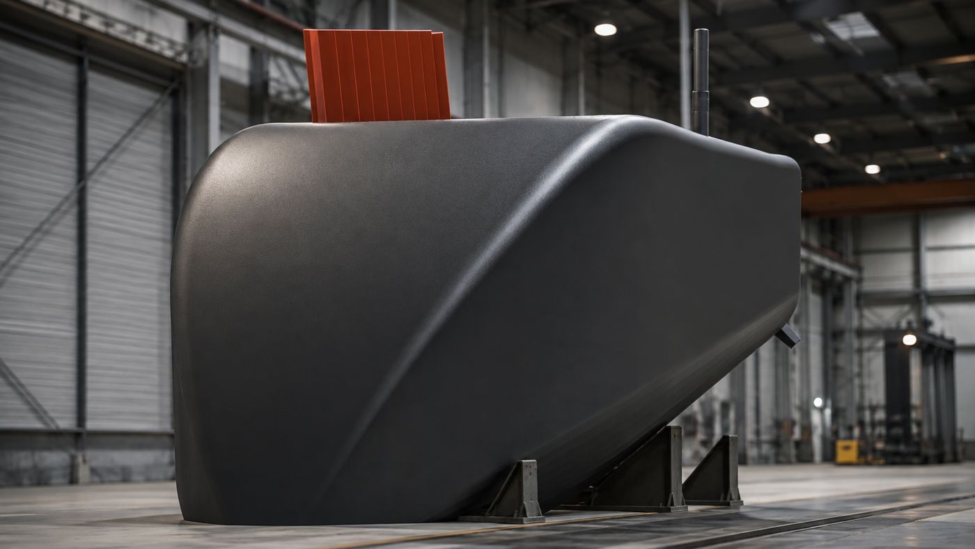 In build — the faired hull on its cradles with one cover raised
