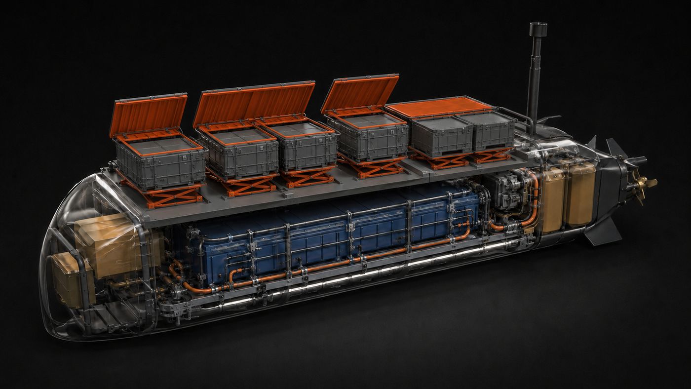 Ghosted isometric — six modules on their lifts above the battery and tankage