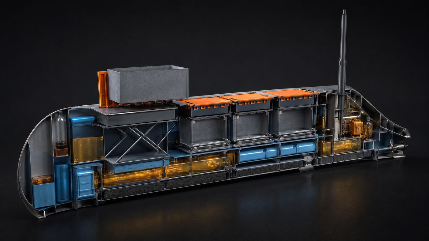 Longitudinal cutaway — three compartments amidships, battery forward, energy group aft