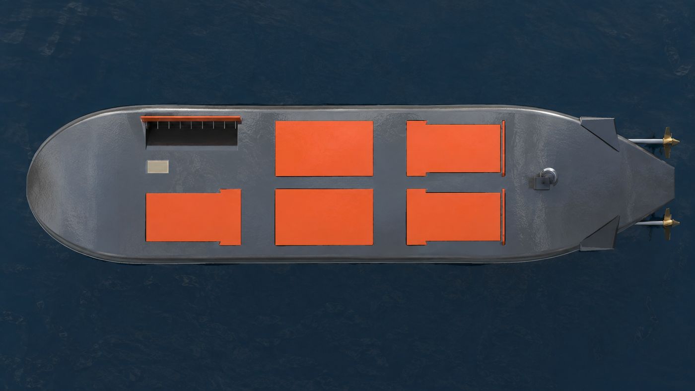 Plan view — three pairs of covers on the flat deck, mast trunk forward of the stern group
