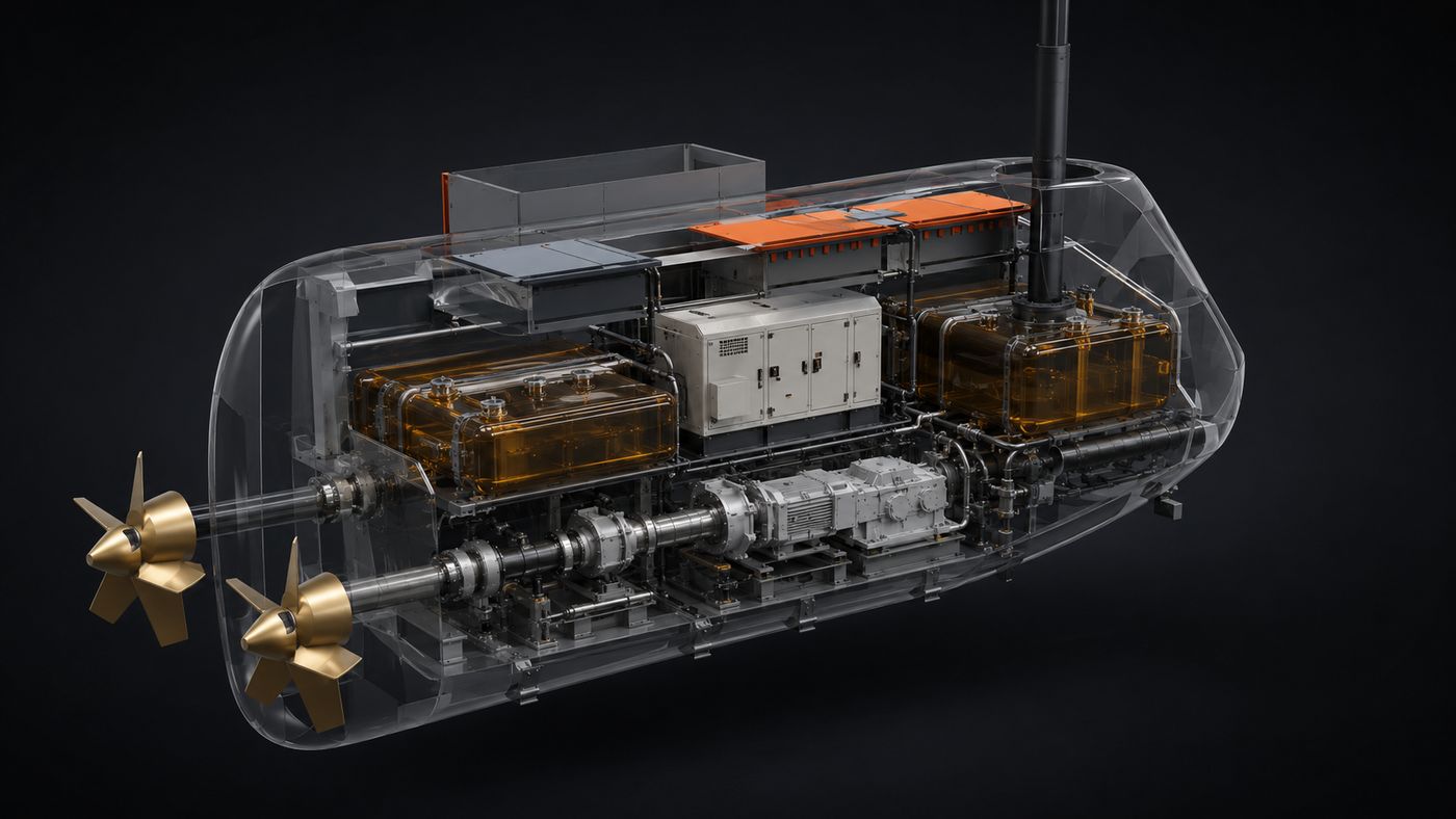 Ghosted stern — generator, reduction gear, shafting and propellers