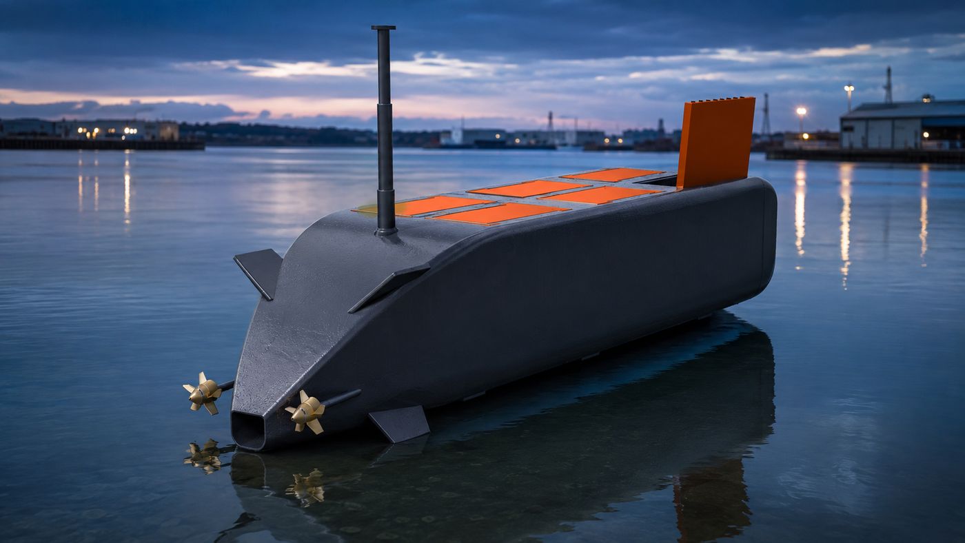 Alongside at dusk with one hatch open and the mast raised