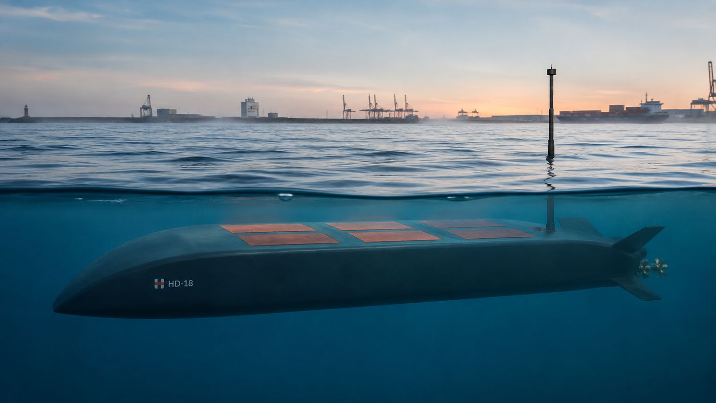 HD-18 trimmed down at the waterline off a commercial port, mast raised