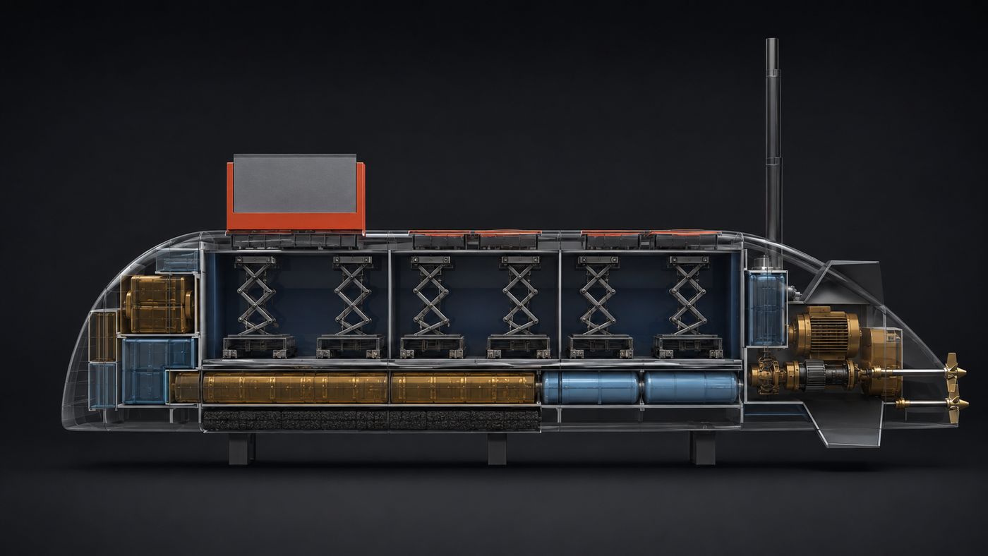 Profile cutaway — six scissor lifts in line under the six hatches