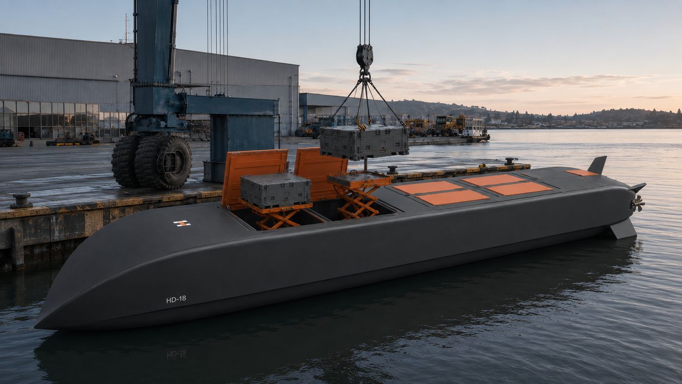 Loading alongside — a payload module lands on the handling jack through an open hatch pair