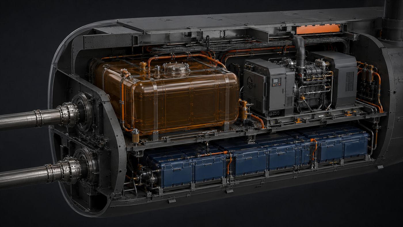 Section through the machinery space — compensated fuel, generator, twin shafts