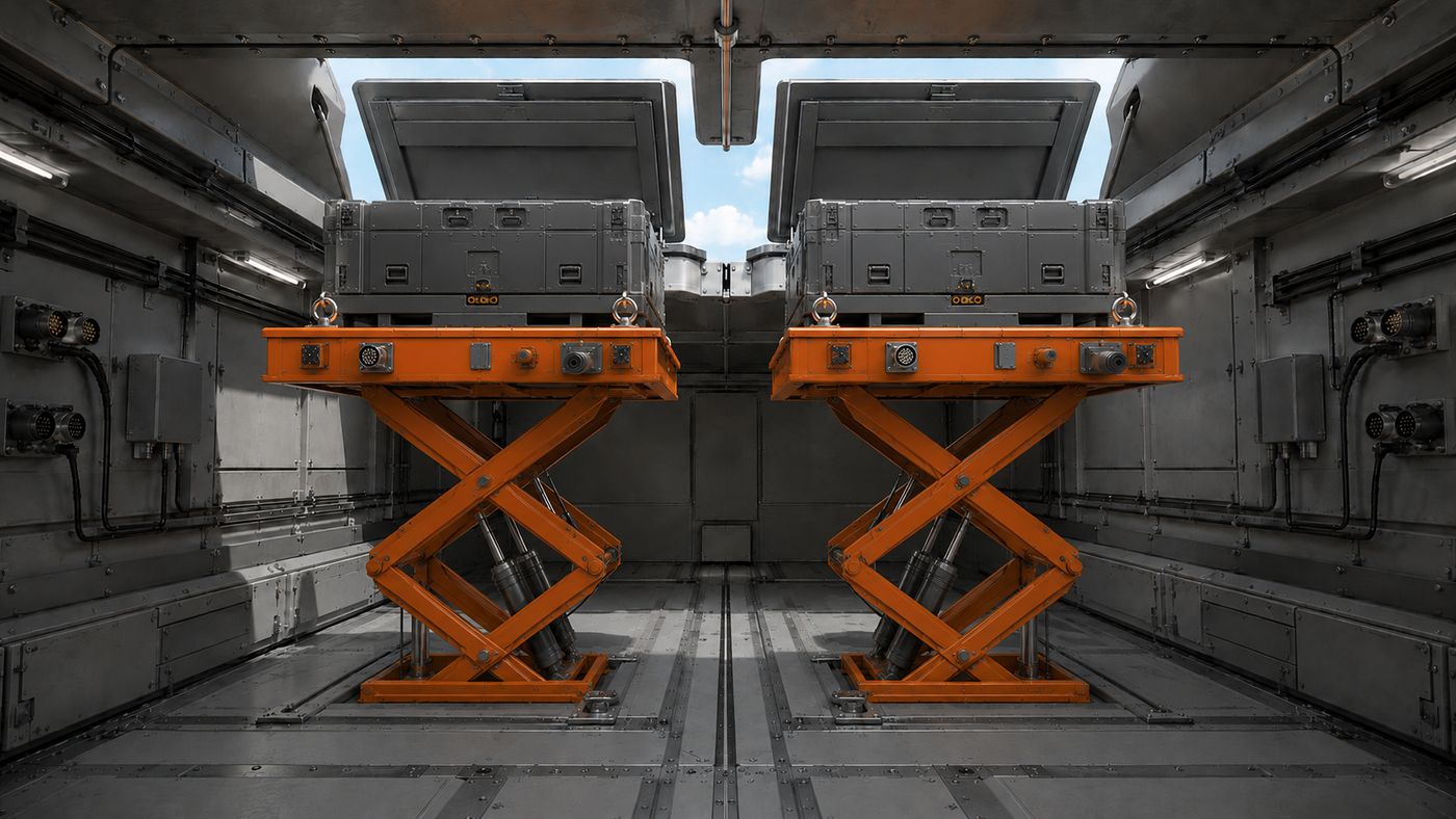 Inside a compartment — two modules on their lifts under an open hatch pair