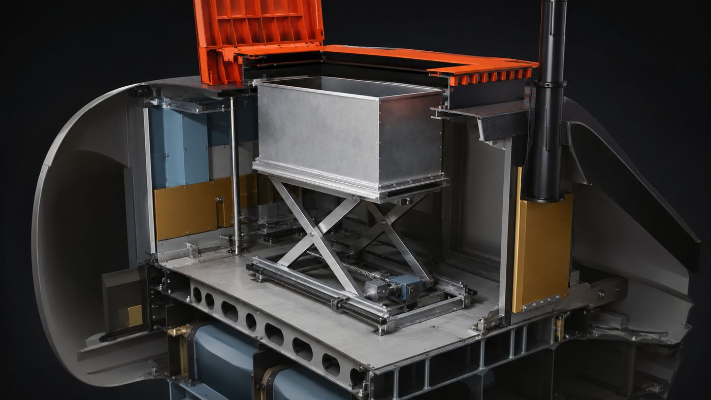 A module on its scissor lift, risen clear of the coaming through the open hatch