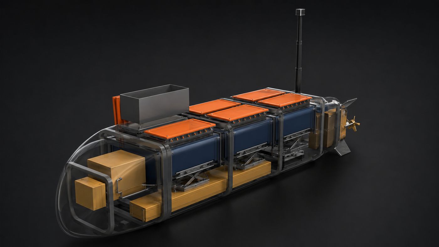 Ghosted isometric with cargo aboard — two modules per compartment