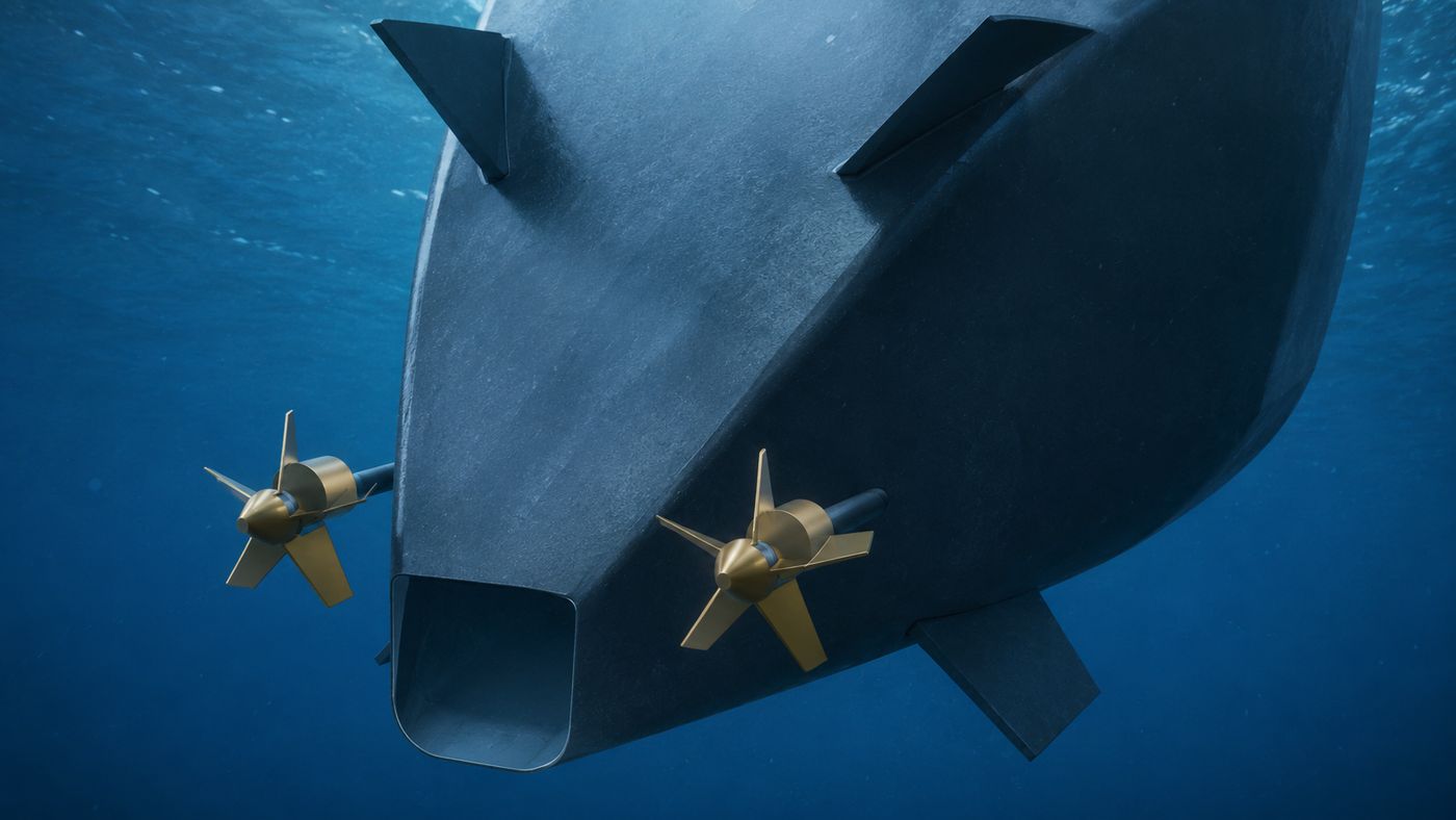 Stern from below — propellers, shafts and the lower plane pair