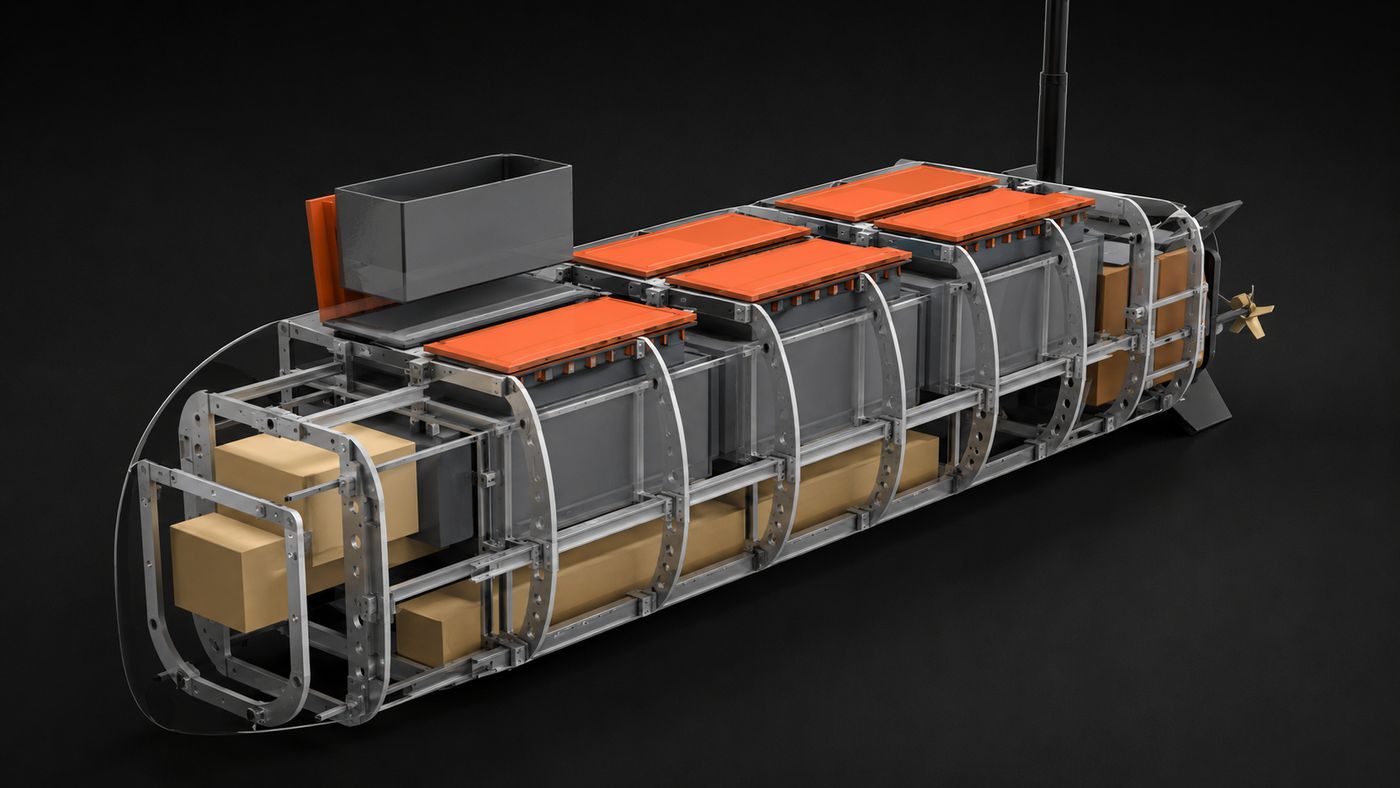 Structure only — eight section-matched ring frames carrying the compartments