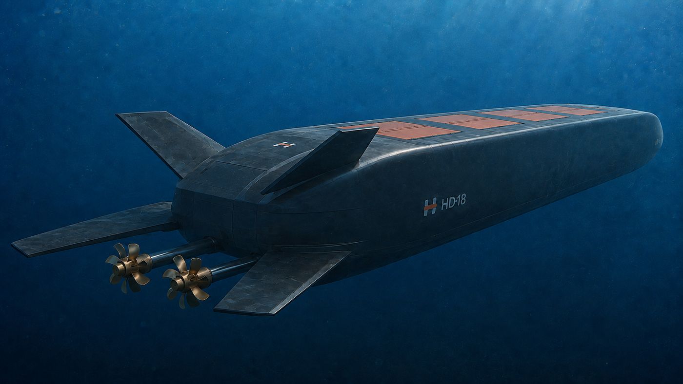 Submerged stern quarter — X-form control planes and twin propellers